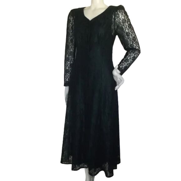 DANA SCOTT Lace Midi Dress, S, Forest Green, Button front, Slip under, Vintage - Picture 4 of 12